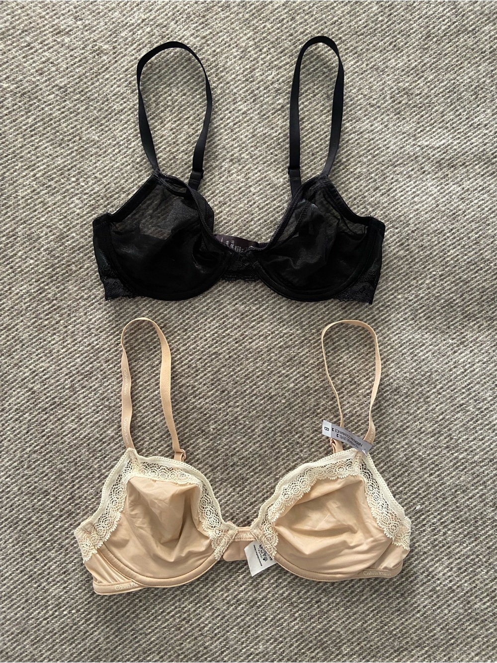 Set of Calvin Klein unlined bras in tan and black, size 32B